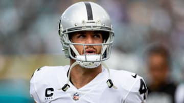 Nov 6, 2022; Jacksonville, Florida, USA; Las Vegas Raiders quarterback Derek Carr (4) looks on before the game against the Jacksonville Jaguars at TIAA Bank Field. Mandatory Credit: Matt Pendleton-USA TODAY Sports