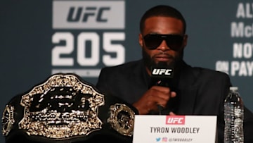 NEW YORK, NY - NOVEMBER 10: UFC Welterweight Champion Tyron Woodley answers a question during the UFC 205 press conference at The Theater at Madison Square Garden on November 10, 2016 in New York City. (Photo by Michael Reaves/Getty Images)