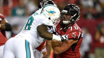 Aug 8, 2014; Atlanta, GA, USA; Atlanta Falcons offensive tackle Jake Matthews (70) blocks against Miami Dolphins defensive end Terrence Fede (78) during the second quarter at the Georgia Dome. Mandatory Credit: Dale Zanine-USA TODAY Sports