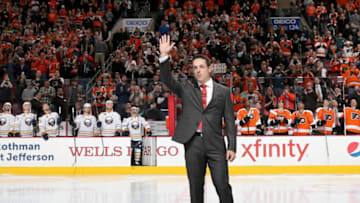 PHILADELPHIA, PA - OCTOBER 27: Former Philadelphia Flyer Danny Briere salutes the fans as he is honored for his retirement before the game against the Buffalo Sabres on October 27, 2015 at the Wells Fargo Center in Philadelphia, Pennsylvania. (Photo by Elsa/Getty Images)