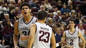 Nov 18, 2016; College Station, TX, USA; Texas A&M Aggies center Tyler Davis (34) reacts to a blocked shot against the USC Trojans during the first half at Reed Arena. Mandatory Credit: Ray Carlin-USA TODAY Sports