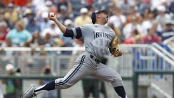 Jun 14, 2014; Omaha, NE, USA; UC Irvine Anteaters pitcher Andrew Morales (13) throws against the Texas Longhorns during game one of the 2014 College World Series at TD Ameritrade Park Omaha. Mandatory Credit: Bruce Thorson-USA TODAY Sports