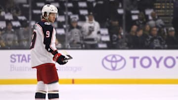 LOS ANGELES, CA - NOVEMBER 03: Artemi Panarin #9 of the Columbus Blue Jackets warms up before the game against the Los Angeles Kings at Staples Center on November 3, 2018 in Los Angeles, California. (Photo by Harry How/Getty Images)