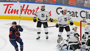 May 14, 2022; Edmonton, Alberta, CAN; Edmonton Oilers forward Connor McDavid (97) celebrates after scoring against the Los Angeles Kings during the third period in game seven of the first round of the 2022 Stanley Cup Playoffs at Rogers Place. Mandatory Credit: Perry Nelson-USA TODAY Sports