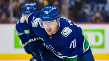 Oct 28, 2022; Vancouver, British Columbia, CAN; Vancouver Canucks forward Tanner Pearson (70) during a stop in play against the Pittsburgh Penguins in the second period at Rogers Arena. Mandatory Credit: Bob Frid-USA TODAY Sports