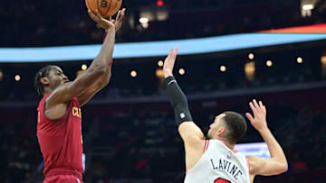 Jan 2, 2023; Cleveland, Ohio, USA; Cleveland Cavaliers guard Caris LeVert (3) shoots over the defense of Chicago Bulls guard Zach LaVine (8) during the first half at Rocket Mortgage FieldHouse. Mandatory Credit: Ken Blaze-USA TODAY Sports