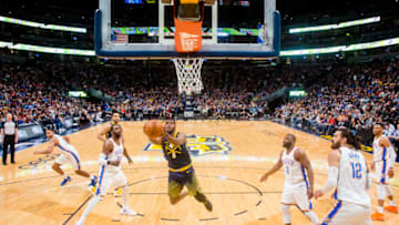 DENVER, CO - FEBRUARY 01: Emmanuel Mudiay #0 of the Denver Nuggets drives to the basket against the Oklahoma City Thunder at Pepsi Center on February 1, 2018 in Denver, Colorado. (Photo by Timothy Nwachukwu/Getty Images)