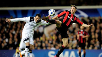 LONDON, ENGLAND - MARCH 09: Sandro (L) of Tottenham clashes with Zlatan Ibrahimovic of Milan during the UEFA Champions League round of 16 second leg match between Tottenham Hotspur and AC Milan at White Hart Lane on March 9, 2011 in London, England. (Photo by Jamie McDonald/Getty Images)