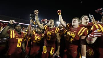 AMES, IA - SEPTEMBER 2: defensive back Kamari Cotton-Moya #5, David Montgomery #32, wide receiver Allen Lazard #5 , and tight end Sam Harms #87 of the Iowa State Cyclones celebrate with teammates after winning 42-24 over the Northern Iowa Panthers in the second half of play at Jack Trice Stadium on September 2, 2017 in Ames, Iowa. The Iowa State Cyclones won 42-24 over the Northern Iowa Panthers. (Photo by David Purdy/Getty Images)