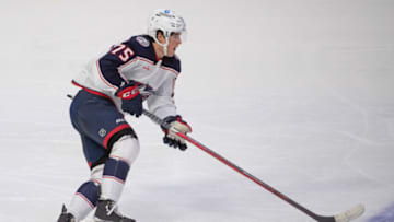 Jan 3, 2023; Ottawa, Ontario, CAN; Columbus Blue Jackets defenseman Tim Berni (75) skates with the puck in the third period against the Ottawa Senators at the Canadian Tire Centre. Mandatory Credit: Marc DesRosiers-USA TODAY Sports
