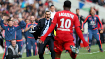 TOULOUSE, FRANCE - APRIL 23: Lyon's head coach Bruno Genesio reacts after the goal of Alexandre Lacazette (2-1) during the French Ligue 1 match between Toulouse and Lyon at Stadium Municipal on April 23, 2016 in Toulouse, France. (Photo by Romain Perrocheau/Getty Images)