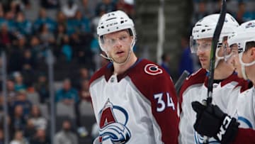 SAN JOSE, CA - APRIL 05: Carl Soderberg #34 of the Colorado Avalanche looks on during the game against the San Jose Sharks at SAP Center on April 5, 2018 in San Jose, California. (Photo by Rocky W. Widner/NHL/Getty Images) *** Local Caption *** Carl Soderberg
