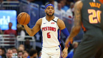 Feb 12, 2020; Orlando, Florida, USA; Detroit Pistons guard Bruce Brown (6) dribbles the ball against the Orlando Magic during the first quarter at Amway Center. Mandatory Credit: Kim Klement-USA TODAY Sports