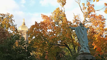 SOUTH BEND, IN - OCTOBER 19: A general view of the 'Golden Dome' on the campus of Notre Dame University before the Notre Dame Fighting Irish take on the University of Southern California Trojans at Notre Dame Stadium on October 19, 2013 in South Bend, Indiana. (Photo by Jonathan Daniel/Getty Images)