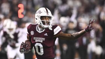 Nov 5, 2022; Starkville, Mississippi, USA; Mississippi State Bulldogs wide receiver Rara Thomas (0) gestures during a run that would result in a touchdown against the Auburn Tigers during the fourth quarter at Davis Wade Stadium at Scott Field. Mandatory Credit: Matt Bush-USA TODAY Sports