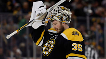 Dec 13, 2022; Boston, Massachusetts, USA; Boston Bruins goaltender Linus Ullmark (35) during the second period against the New York Islanders at TD Garden. Mandatory Credit: Winslow Townson-USA TODAY Sports
