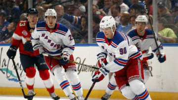 SUNRISE, FL - DECEMBER 8: Vladislav Namestnikov #90 of the New York Rangers skates with the puck against the Florida Panthers at the BB&T Center on December 8, 2018 in Sunrise, Florida. (Photo by Eliot J. Schechter/NHLI via Getty Images)