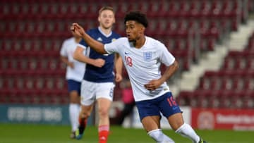 GLASGOW, SCOTLAND - OCTOBER 16: Reiss Nelson of England U21 in action during the 2019 UEFA European Under-21 Championship Qualifier between Scotland U21 and England U21 at Tynecastle Stadium on October 16, 2018 in Glasgow, Scotland. (Photo by Mark Runnacles/Getty Images)