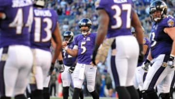 Nov 15, 2015; Baltimore, MD, USA; Baltimore Ravens quarterback Joe Flacco (5) reacts after scoring a touchdown in the fourth quarter against the Jacksonville Jaguars at M&T Bank Stadium. Mandatory Credit: Evan Habeeb-USA TODAY Sports