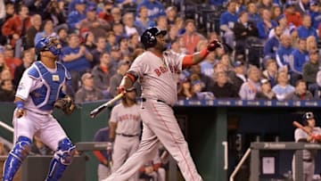 May 17, 2016; Kansas City, MO, USA; Boston Red Sox designated hitter David Ortiz (34) hits a long fly ball in the seventh inning against the Kansas City Royals at Kauffman Stadium. The Royals won 8-4. Mandatory Credit: Denny Medley-USA TODAY Sports