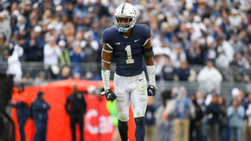 Oct 23, 2021; University Park, Pennsylvania, USA; Penn State Nittany Lions safety Jaquan Brisker (1) reacts to a defensive play against the Illinois Fighting Illini during overtime at Beaver Stadium. Mandatory Credit: Rich Barnes-USA TODAY Sports