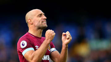 LIVERPOOL, ENGLAND - SEPTEMBER 16: Pablo Zabaleta of West Ham United celebrates following his sides victory in the Premier League match between Everton FC and West Ham United at Goodison Park on September 16, 2018 in Liverpool, United Kingdom. (Photo by Alex Livesey/Getty Images)