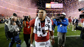SANTA CLARA, CA - JANUARY 07: Tua Tagovailoa #13 of the Alabama Crimson Tide walks off the field after his teams 44-16 loss to the Clemson Tigers in the CFP National Championship presented by AT&T at Levi's Stadium on January 7, 2019 in Santa Clara, California. (Photo by Sean M. Haffey/Getty Images)