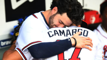 ATLANTA, GA. - MAY 19: Dansby Swanson #7 and Johan Camargo #17 of the Atlanta Braves embrace before the game against the Miami Marlins at SunTrust Field on May 19, 2018 in Atlanta, Georgia. (Photo by Scott Cunningham/Getty Images)