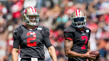 Aug 10, 2016; San Francisco, CA, USA; San Francisco 49ers quarterback Blaine Gabbert (2) and quarterback Colin Kaepernick (7) train at Kezar Stadium. Mandatory Credit: John Hefti-USA TODAY Sports