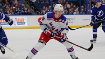 TAMPA, FL - NOVEMBER 14: New York Rangers center Lias Andersson (28) skates during the NHL game between the New York Rangers and Tampa Bay Lightning on November 14, 2019 at Amalie Arena in Tampa, FL. (Photo by Mark LoMoglio/Icon Sportswire via Getty Images)