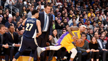 LOS ANGELES, CA - MARCH 13: Isaiah Thomas #3 of the Los Angeles Lakers handles the ball during the game against the Denver Nuggets on March 13, 2018 at STAPLES Center in Los Angeles, California. NOTE TO USER: User expressly acknowledges and agrees that, by downloading and/or using this Photograph, user is consenting to the terms and conditions of the Getty Images License Agreement. Mandatory Copyright Notice: Copyright 2018 NBAE (Photo by Andrew D. Bernstein/NBAE via Getty Images)