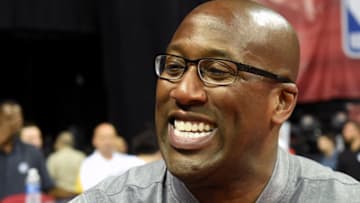 LAS VEGAS, NV - JULY 12: Associate head coach Mike Brown of the Golden State Warriors smiles after the team defeated the Minnesota Timberwolves 77-69 during the 2017 Summer League at the Thomas & Mack Center on July 12, 2017 in Las Vegas, Nevada. NOTE TO USER: User expressly acknowledges and agrees that, by downloading and or using this photograph, User is consenting to the terms and conditions of the Getty Images License Agreement. (Photo by Ethan Miller/Getty Images)