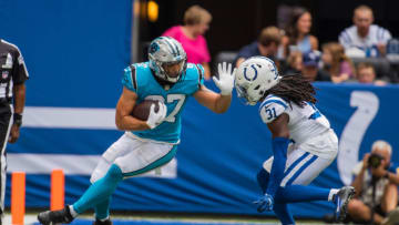 Aug 15, 2021; Indianapolis, Indiana, USA; Carolina Panthers tight end Giovanni Ricci (87) runs with the ball while Indianapolis Colts safety Shawn Davis (31) defends in the second half at Lucas Oil Stadium. Mandatory Credit: Trevor Ruszkowski-USA TODAY Sports