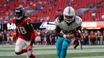 ATLANTA, GA - AUGUST 30: Buddy Howell #38 of the Miami Dolphins catches a touchdown pass against Ron Parker #48 of the Atlanta Falcons at Mercedes-Benz Stadium on August 30, 2018 in Atlanta, Georgia. (Photo by Kevin C. Cox/Getty Images)