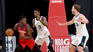 ONTARIO, CA - NOVEMBER 14: Angel Delgado #31 of the Agua Caliente Clippers of Ontario handles the ball against Hakim Warrick #11 of the Iowa Wolves on November 14, 2018 at Citizens Business Bank Arena in Ontario, California. NOTE TO USER: User expressly acknowledges and agrees that, by downloading and/or using this photograph, User is consenting to the terms and conditions of Getty Images License Agreement. Mandatory Copyright Notice: Copyright 2018 NBAE (Photo by Juan Ocampo/NBAE via Getty Images)
