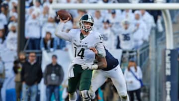 STATE COLLEGE, PA - OCTOBER 13: Yetur Gross-Matos #99 of the Penn State Nittany Lions hurries Brian Lewerke #14 of the Michigan State Spartans on October 13, 2018 at Beaver Stadium in State College, Pennsylvania. (Photo by Justin K. Aller/Getty Images)