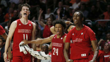 MIAMI, FLORIDA - NOVEMBER 05: The Louisville Cardinals bench reacts against the Miami Hurricanes during the second half at Watsco Center on November 05, 2019 in Miami, Florida. (Photo by Michael Reaves/Getty Images)