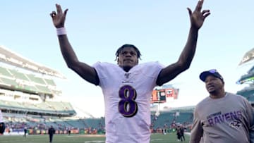 CINCINNATI, OHIO - NOVEMBER 10: Lamar Jackson #8 of the Baltimore Ravens waves at the crowd after the NFL football game against the Cincinnati Bengals at Paul Brown Stadium on November 10, 2019 in Cincinnati, Ohio. (Photo by Bryan Woolston/Getty Images)