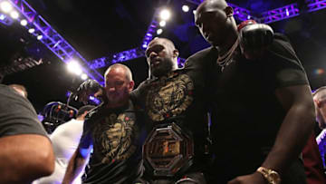 LAS VEGAS, NV - JULY 06: Jon Jones exits the octagon following his win over Thiago Santos of Brazil in their UFC light heavyweight championship fight during the UFC 239 event at T-Mobile Arena on July 6, 2019 in Las Vegas, Nevada. (Photo by Christian Petersen/Zuffa LLC/Zuffa LLC)