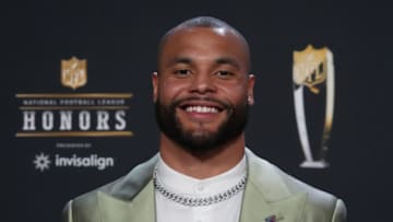 Feb 9, 2023; Phoenix, Arizona, US; Dallas Cowboys quarterback Dak Prescott poses for a photo on the red carpet before the NFL Honors award show at Symphony Hall. Mandatory Credit: Kirby Lee-USA TODAY Sports