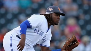 SURPRISE, AZ - NOVEMBER 03: AFL West All-Star, Vladimir Guerrero Jr #27 of the Toronto Blue Jays warms up during the Arizona Fall League All Star Game at Surprise Stadium on November 3, 2018 in Surprise, Arizona. (Photo by Christian Petersen/Getty Images)
