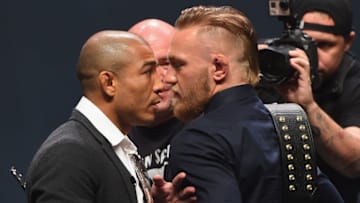 LAS VEGAS, NV - SEPTEMBER 04: (L-R) UFC featherweight champion Jose Aldo and featherweight interim champion Conor McGregor face off during the UFC's Go Big launch event inside MGM Grand Garden Arena on September 4, 2015 in Las Vegas, Nevada. (Photo by Josh Hedges/Zuffa LLC/Zuffa LLC via Getty Images)