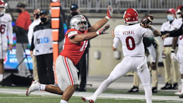 COLUMBUS, OH - NOVEMBER 7: Tommy Togiai #72 of the Ohio State Buckeyes defends against the Rutgers Scarlet Knights at Ohio Stadium on November 7, 2020 in Columbus, Ohio. (Photo by Jamie Sabau/Getty Images)