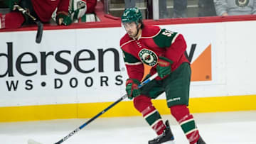 Sep 27, 2016; Saint Paul, MN, USA; Minnesota Wild forward Alex Tuch (53) carries the puck during the third period of a preseason hockey game against the Colorado Avalanche at Xcel Energy Center. The Avalanche defeated the Wild 4-1. Mandatory Credit: Brace Hemmelgarn-USA TODAY Sports