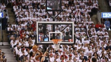 Apr 19, 2014; Toronto, Ontario, CAN; Toronto Raptors guard DeMar DeRozan (10) shoots with the 24-second shot clock not functioning during the game against the Brooklyn Nets in game one during the first round of the 2014 NBA Playoffs at Air Canada Centre. The Nets beat the Raptors 94-87. Mandatory Credit: Tom Szczerbowski-USA TODAY Sports