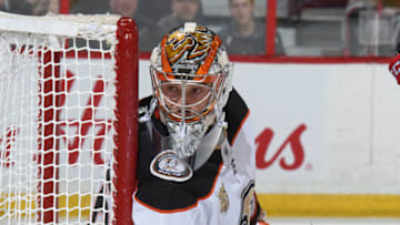 OTTAWA, ON - FEBRUARY 7: John Gibson #36 of the Anaheim Ducks guards his net against the Ottawa Senators at Canadian Tire Centre on February 7, 2019 in Ottawa, Ontario, Canada. (Photo by Matt Zambonin/NHLI via Getty Images)