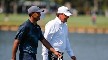 PONTE VEDRA BEACH, FL - MAY 11: Tiger Woods and Phil Mickelson walk the fairway together during THE PLAYERS Championship on May 11, 2018 at TPC Sawgrass in Ponte Vedra Beach, Fl. (Photo by David Rosenblum/Icon Sportswire via Getty Images)