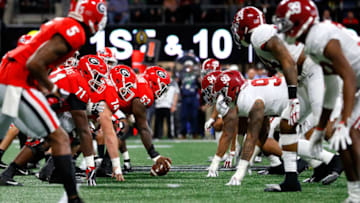 ATLANTA, GA - JANUARY 08: The Georgia Bulldogs line up against the Alabama Crimson Tide during the first quarter in the CFP National Championship presented by AT&T at Mercedes-Benz Stadium on January 8, 2018 in Atlanta, Georgia. (Photo by Kevin C. Cox/Getty Images)