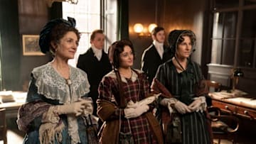 Photo: Harriet Walter as Lady Brockenhurst, Ella Purnell as Lady Maria Grey and Tamsin Greg as Anne Trenchard in Belgravia.. Image Courtesy Colin Hutton / Carnival film & television limited