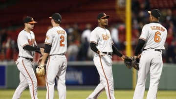 Apr 12, 2016; Boston, MA, USA; (From left to right) Baltimore Orioles second baseman Ryan Flaherty (3), shortstop J.J. Hardy (2)m, center fielder Adam Jones (10), and second baseman Jonathan Schoop (6) celebrate a victory against the Boston Red Sox at Fenway Park. Mandatory Credit: Mark L. Baer-USA TODAY Sports